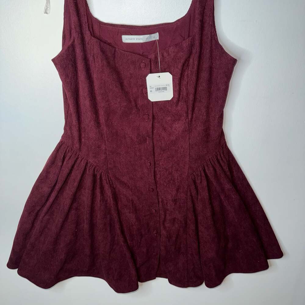 Altar'd State Burgundy Corduroy Button Front Square Neck Mini Dress - Picture 5 of 12